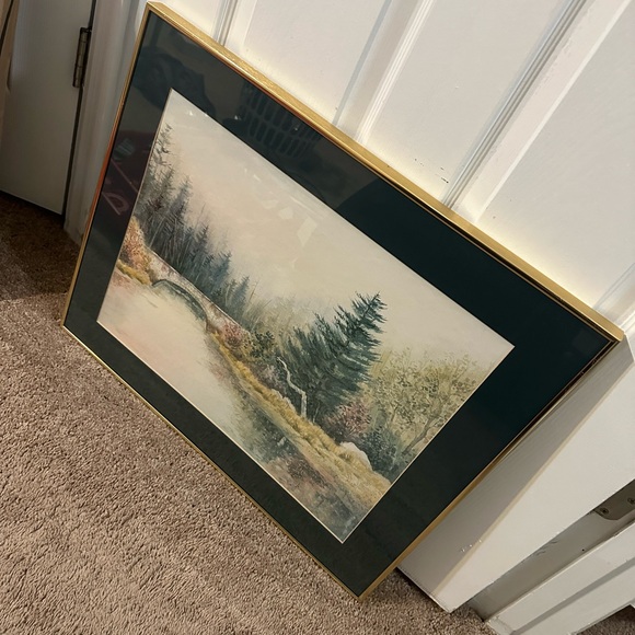 WOODED NATURE FOREST BRIDGE ART PAINTING PRINT GOLD FRAMED 24 x 20.5 - Picture 2 of 8